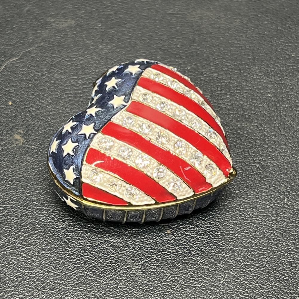 Patriotic Gold Toned W/Rhinestone Trinket Metal Heart Shaped Pill Box